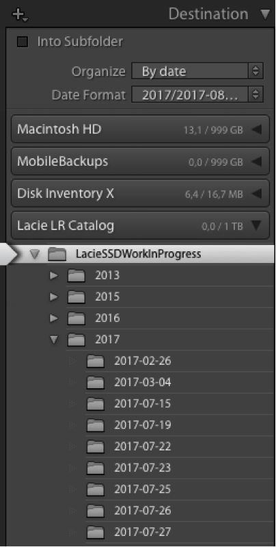 Pro tip: import your most recent photoshoots (on location or during a trip) in a Work-In-Progress folder on your External Catalog Disk. This way you always have your most recent originals with you!
